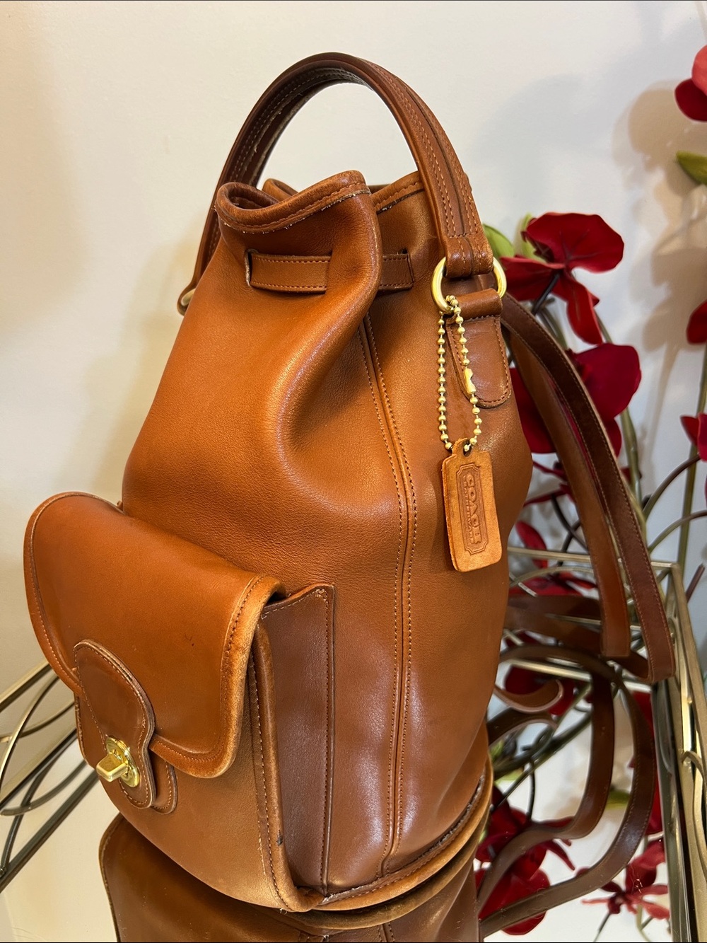 Vintage Coach British Tan Leather Backpack Sling Bucket Bag #9992